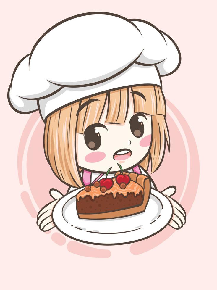 cute bakery chef girl holding a cake and bread - cartoon character and logo illustration vector