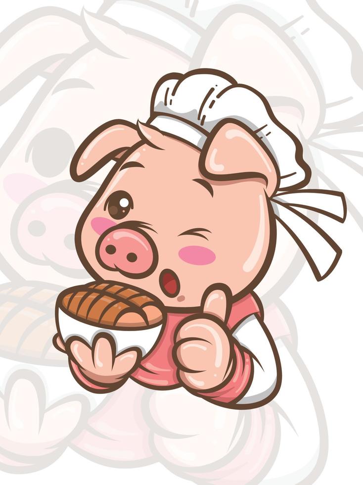 Lindo personaje de dibujos animados de cerdo chef que presenta comida crujiente de panza de cerdo - mascota e ilustración vector