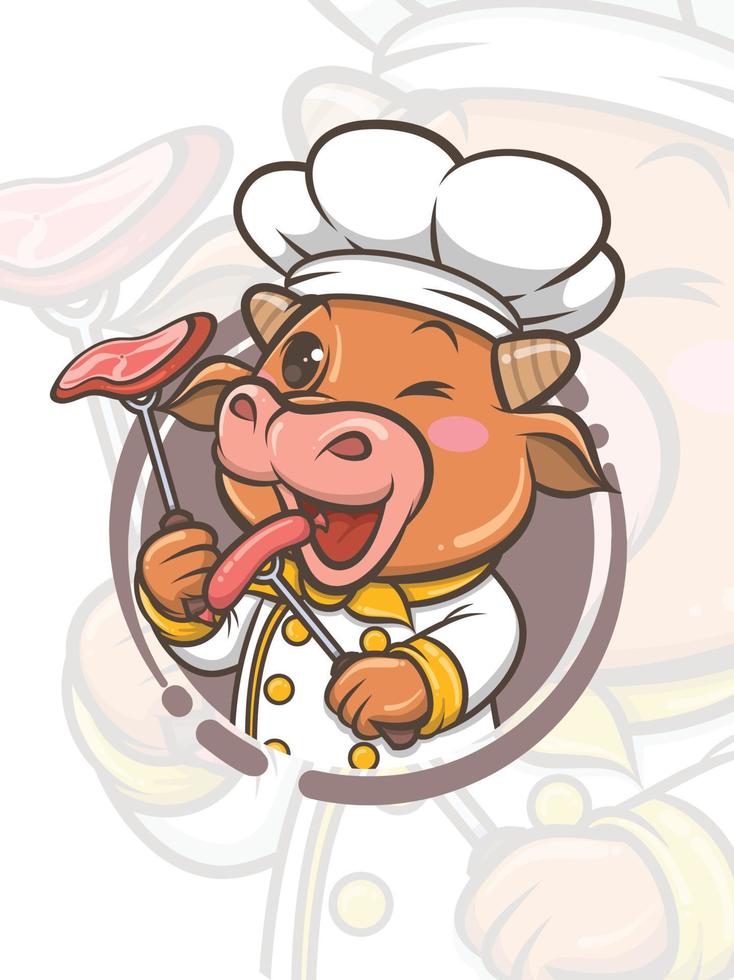 lindo, chef, vaca, caricatura, carácter, tenencia, parrilla, salchicha, y, bistec, -, mascota, y, ilustración vector