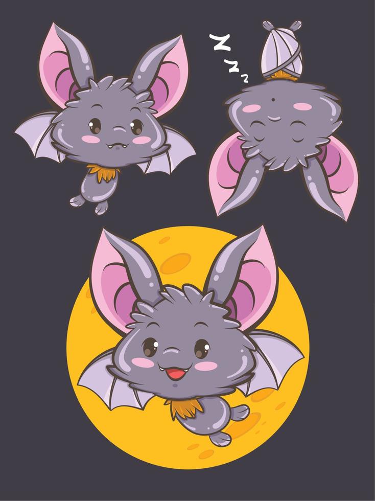 set of cute bat cartoon character illustration - happy Halloween vector