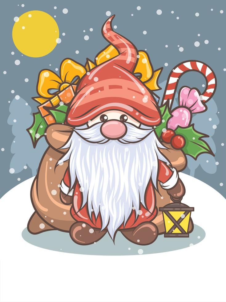 cute gnome holding a lantern Christmas illustration vector