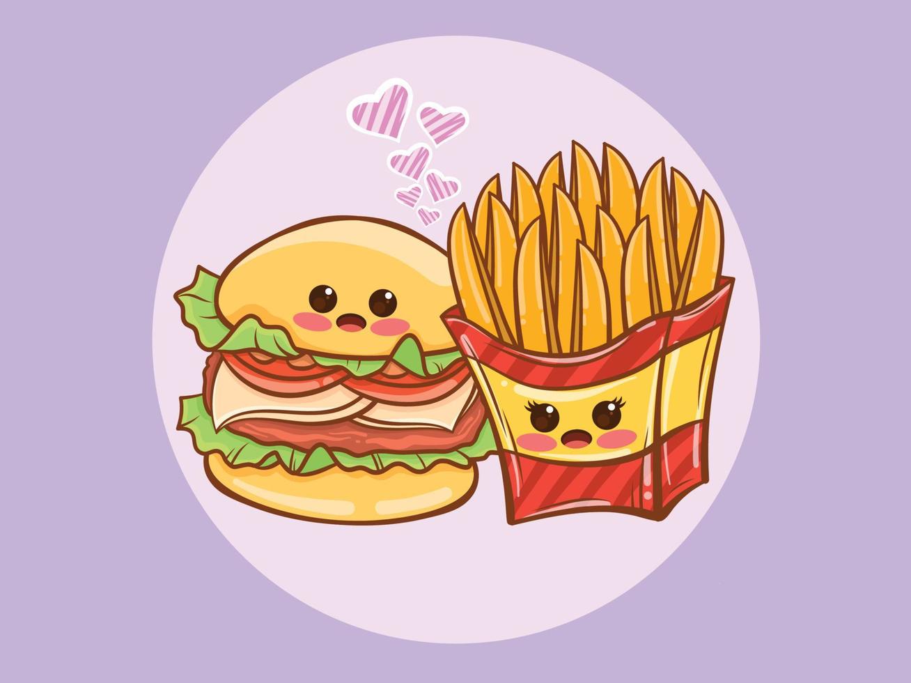 lindo concepto de pareja de hamburguesas y patatas fritas. personaje de dibujos animados e ilustración. vector