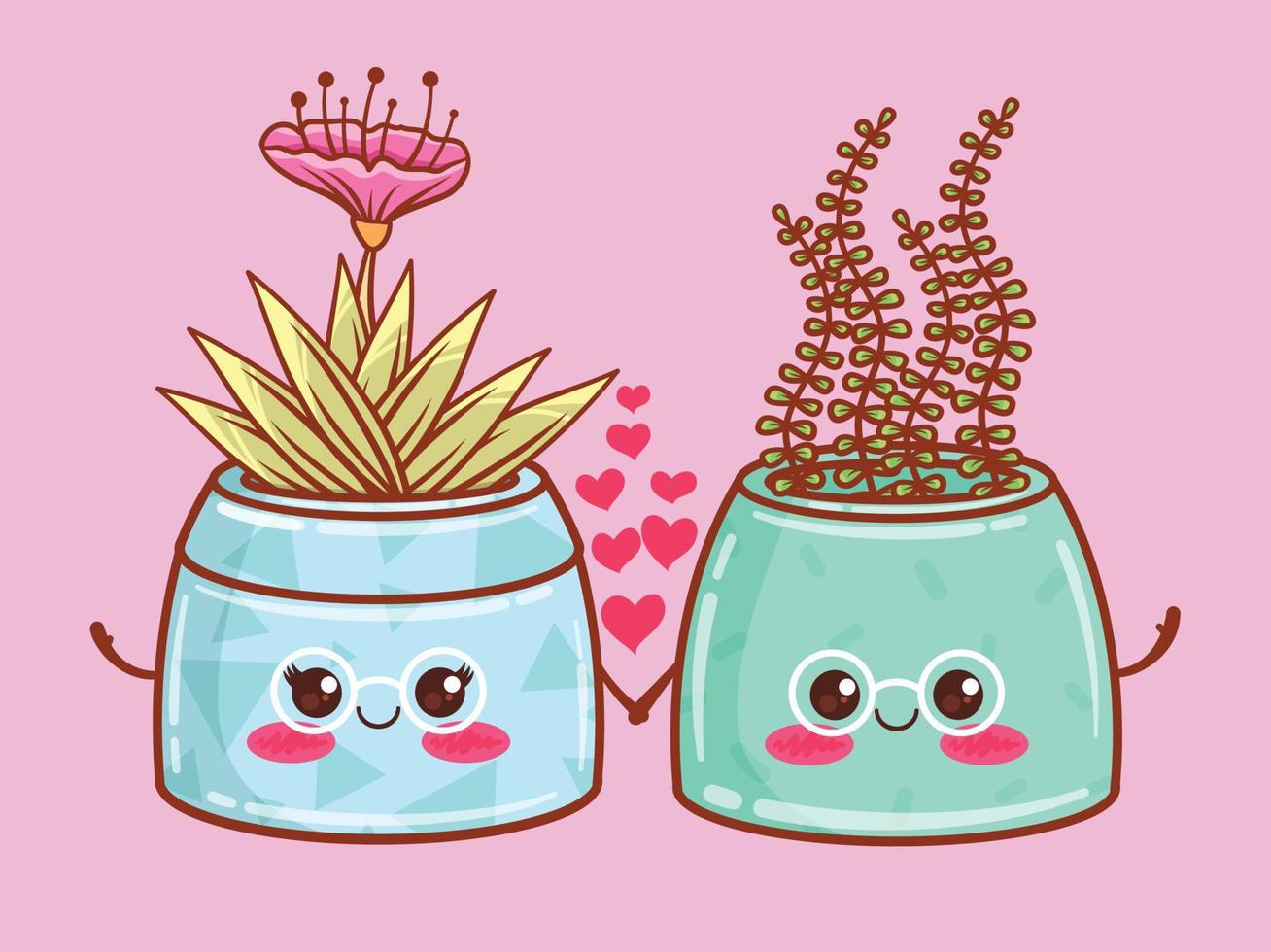 cute summer flower pot cartoon characters and illustrations. couple concept. vector