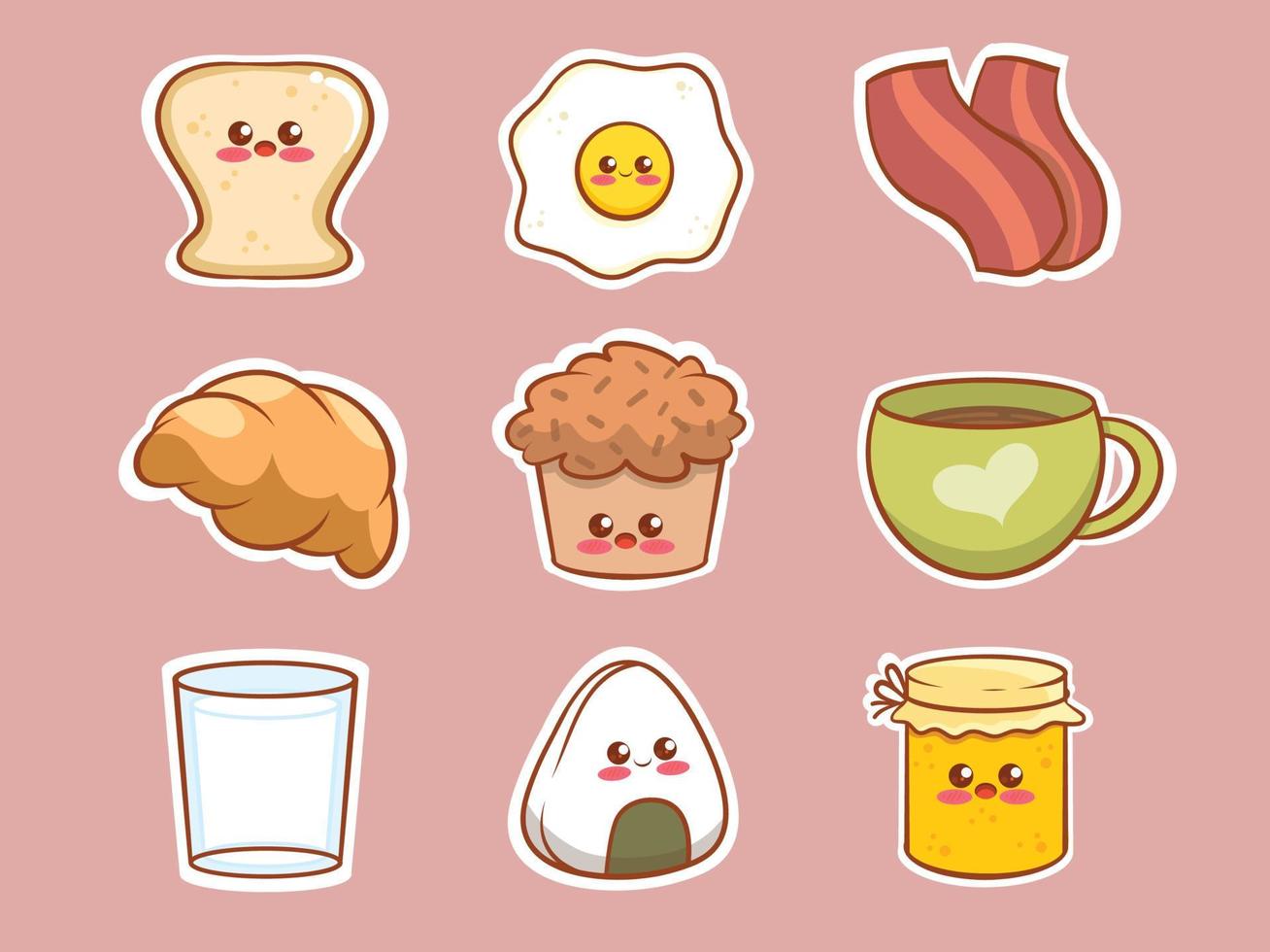 Set of cute breakfast food cartoon character sticker vector