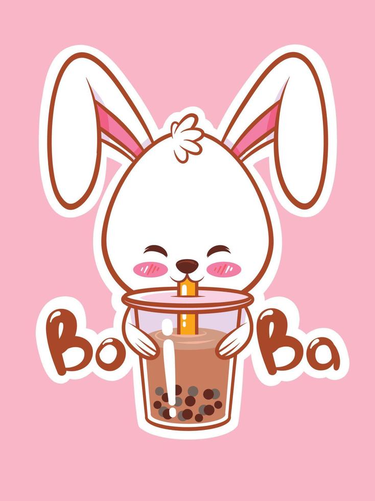 un lindo conejo bebiendo un té de boba. personaje de dibujos animados y concepto de ilustración de mascota. vector