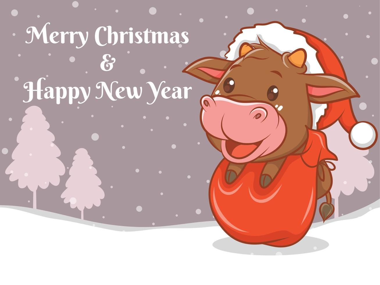 Lindo personaje de dibujos animados de vaca con feliz navidad y feliz año nuevo saludo banner. vector