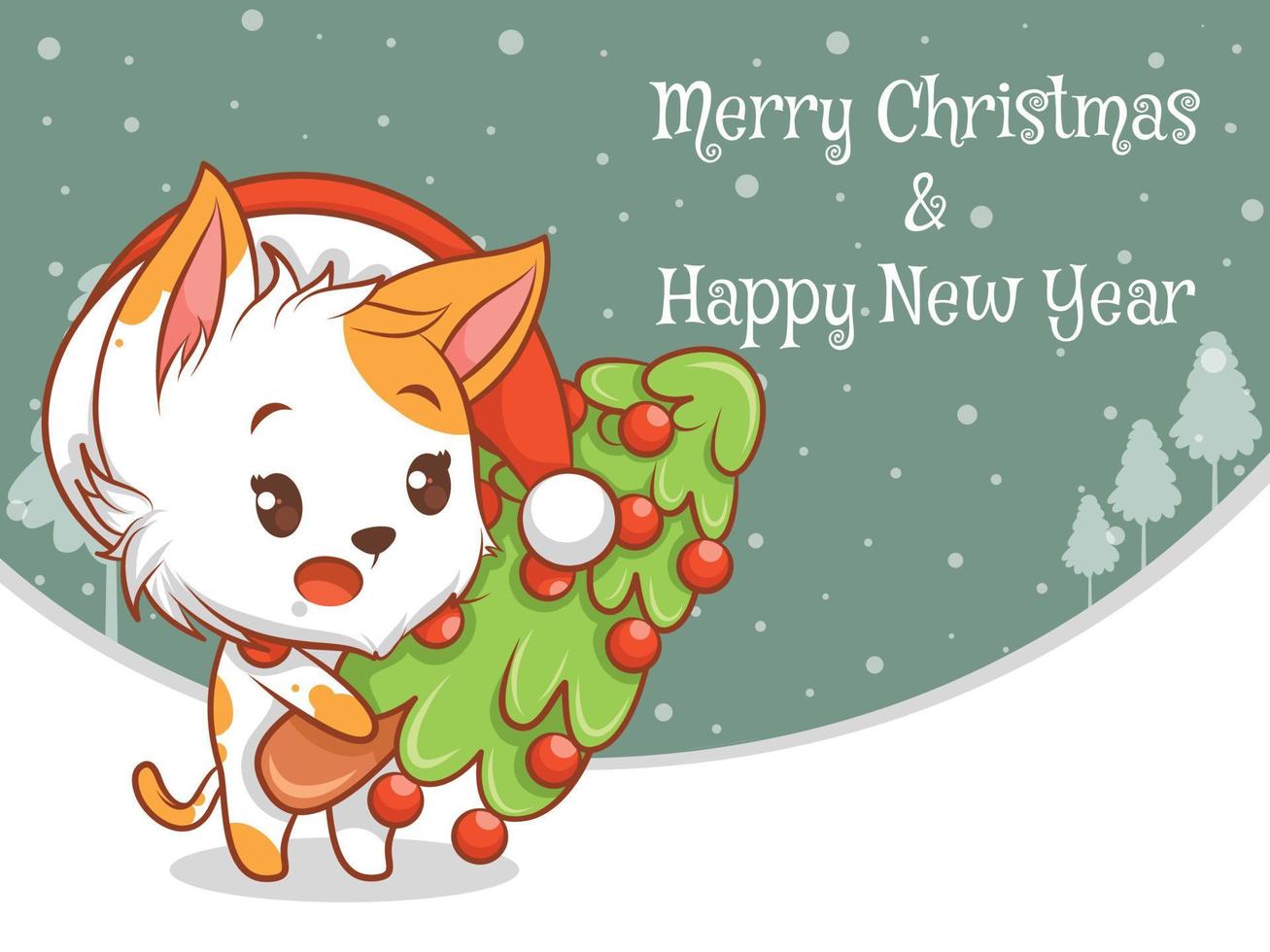 Lindo personaje de dibujos animados de gato con pancarta de saludo de feliz navidad y feliz año nuevo. vector