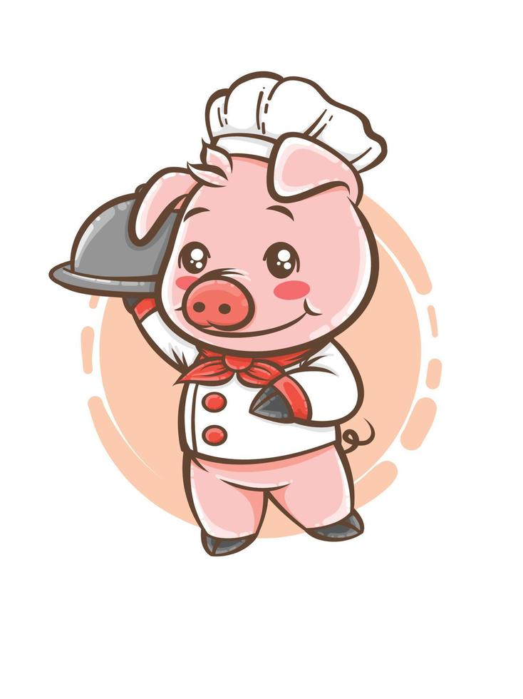 mascota linda del personaje de dibujos animados del chef de cerdo vector