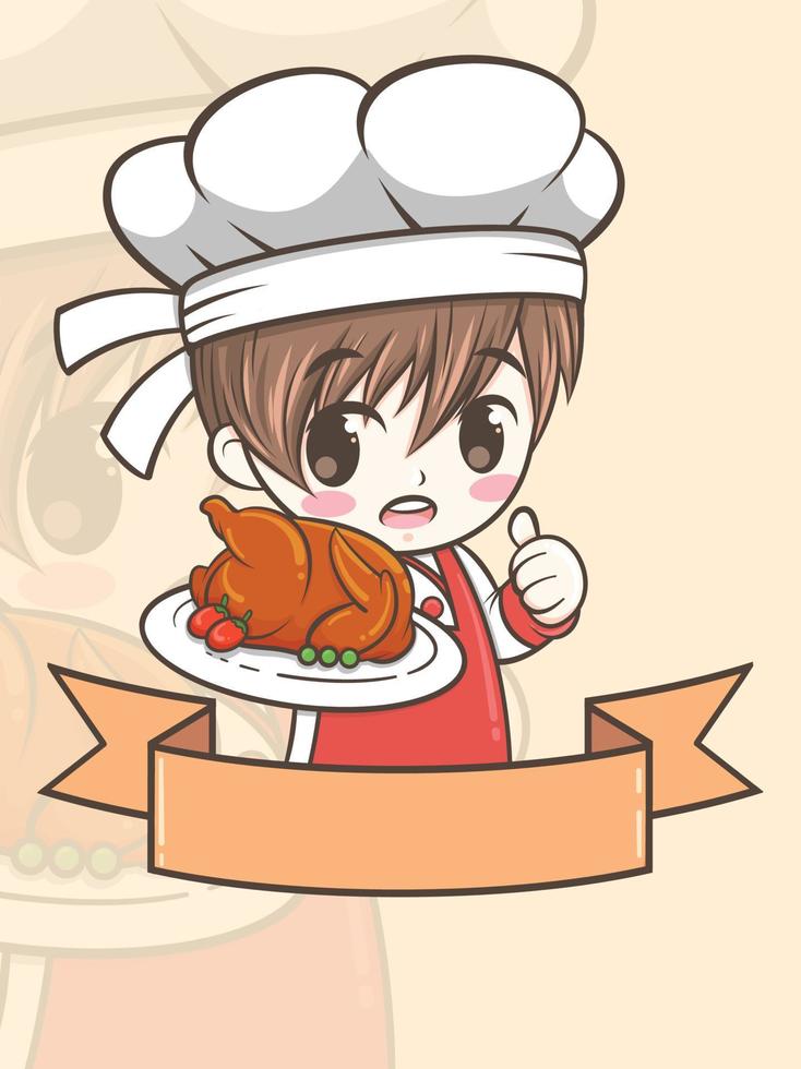 Cute barbecue chef boy holding a grilled chicken - cartoon character and logo illustration vector