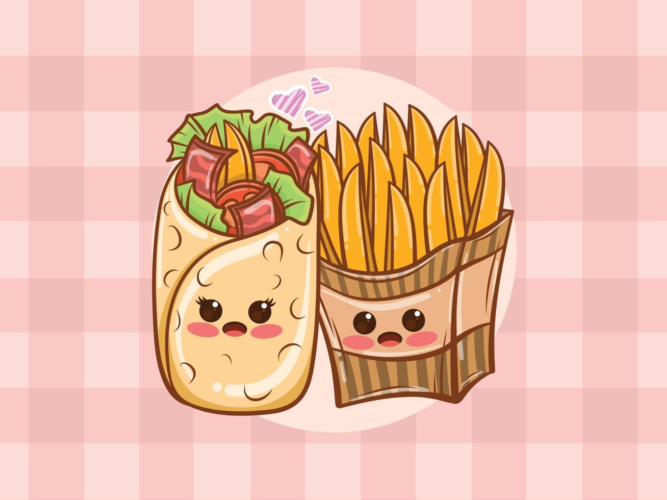 lindo concepto de pareja de kebab y patatas fritas. dibujos animados vector