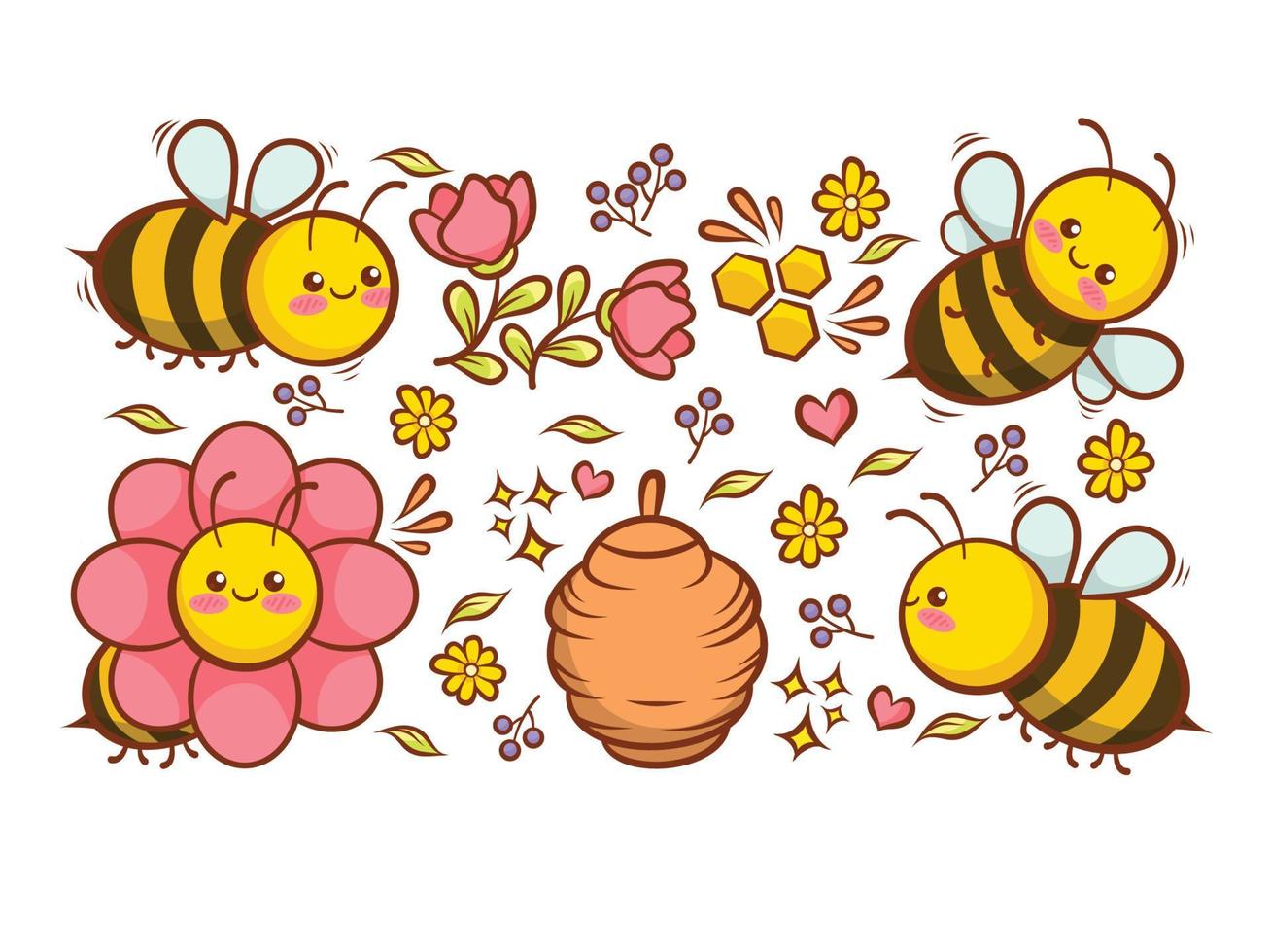 Colección de lindas abejas con flores, miel y colmena. vector