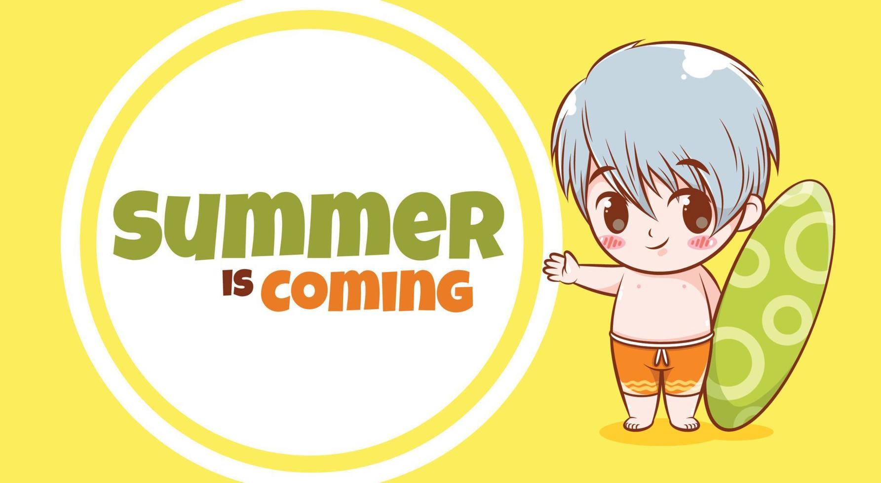 cute boy with a summer greeting banner. vector