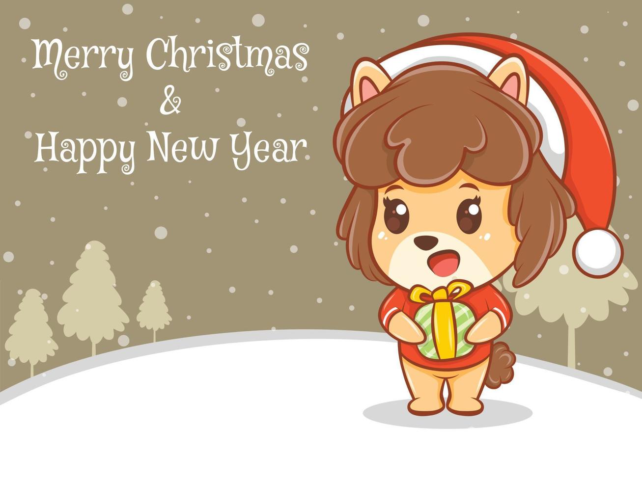 Lindo personaje de dibujos animados de cachorro con feliz navidad y feliz año nuevo saludo banner. vector