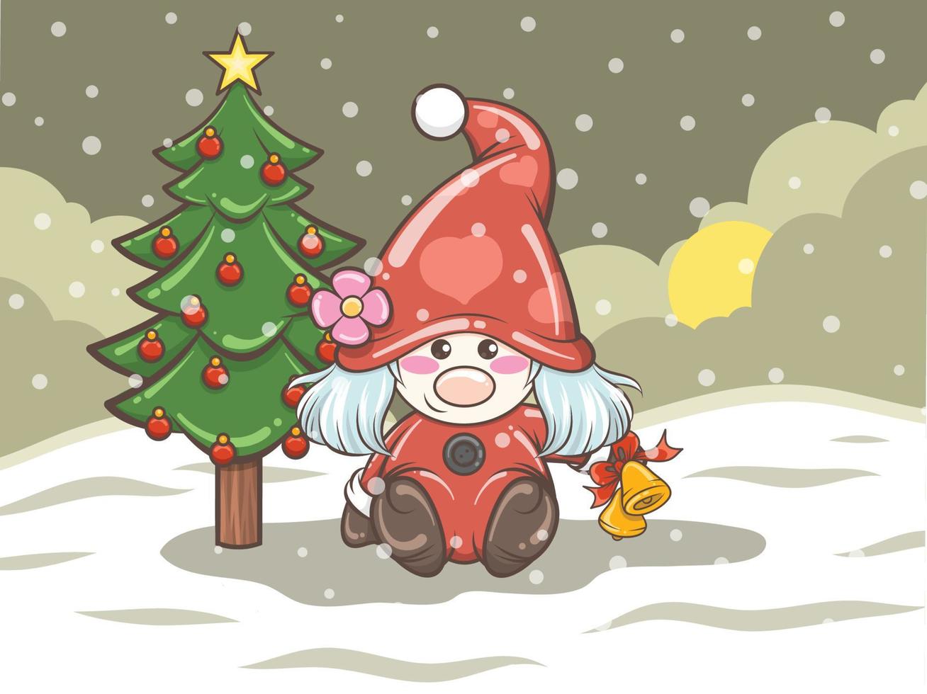 cute gnome girl illustration holding Christmas bell vector