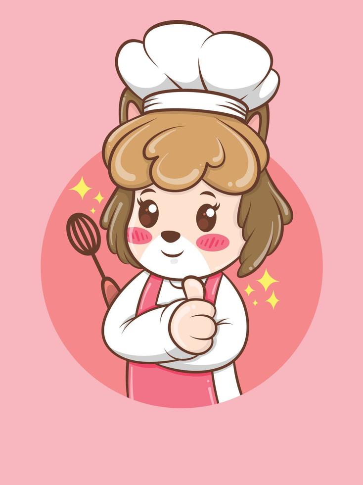 Cocinero lindo del perro femenino que sostiene una batidora de mano. concepto de chef de panadería. personaje de dibujos animados e ilustración de mascota. vector