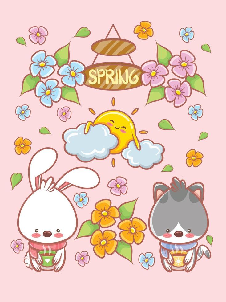  Bonito personaje de dibujos animados de elemento de primavera y tarjeta de ilustración. hola concepto de primavera.   Vector en Vecteezy