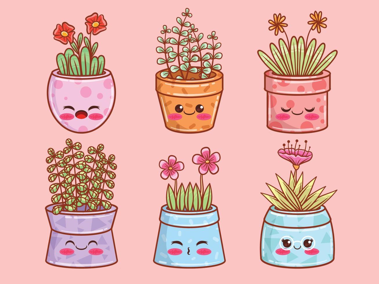 set of cute summer flower pot cartoon characters and illustrations. vector