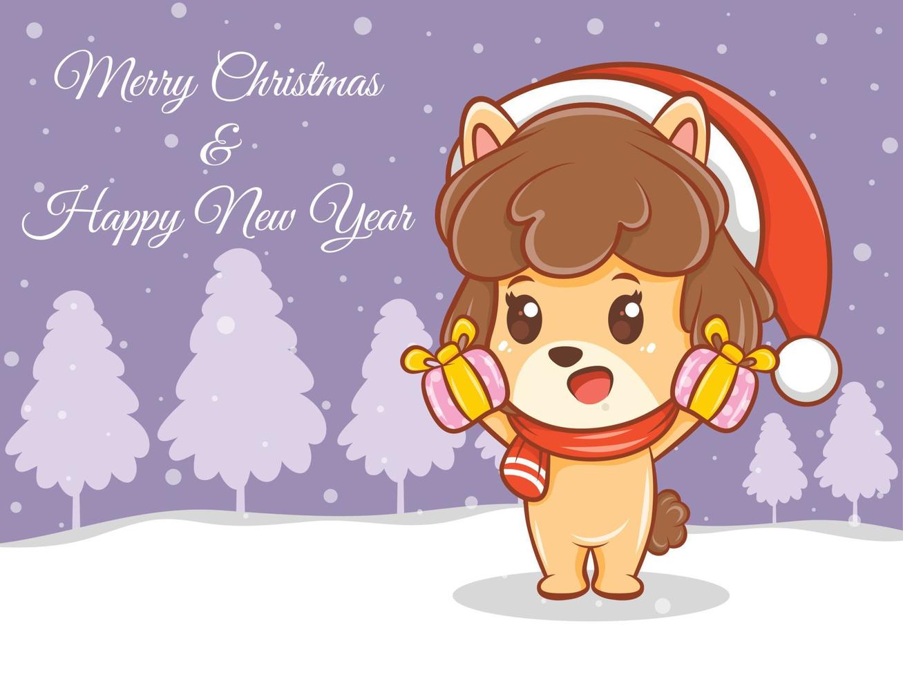 Lindo personaje de dibujos animados de cachorro con feliz navidad y feliz año nuevo saludo banner. vector