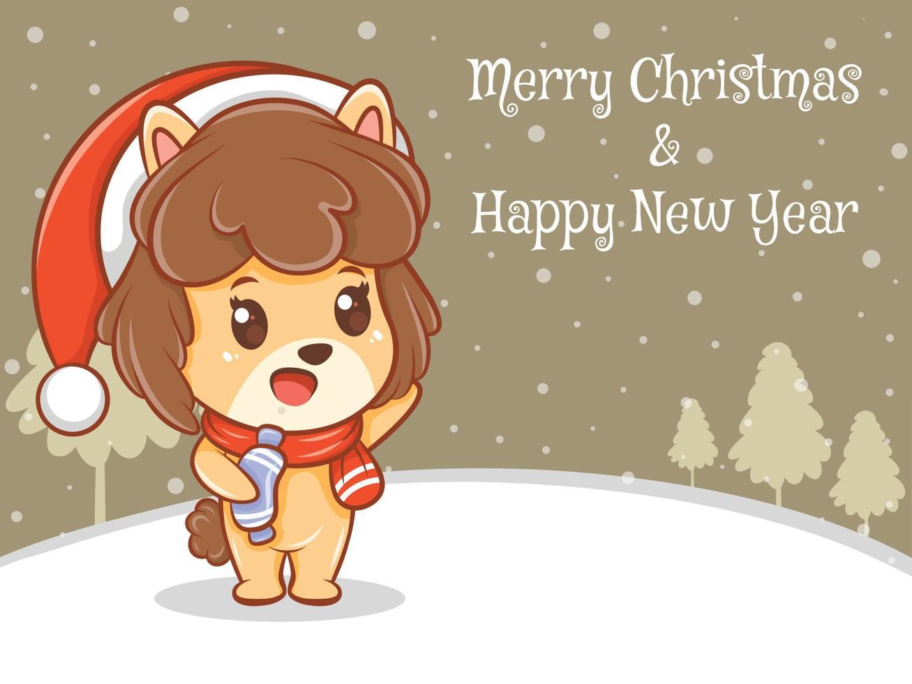 cute puppy cartoon character with merry Christmas and happy new year greeting banner. vector