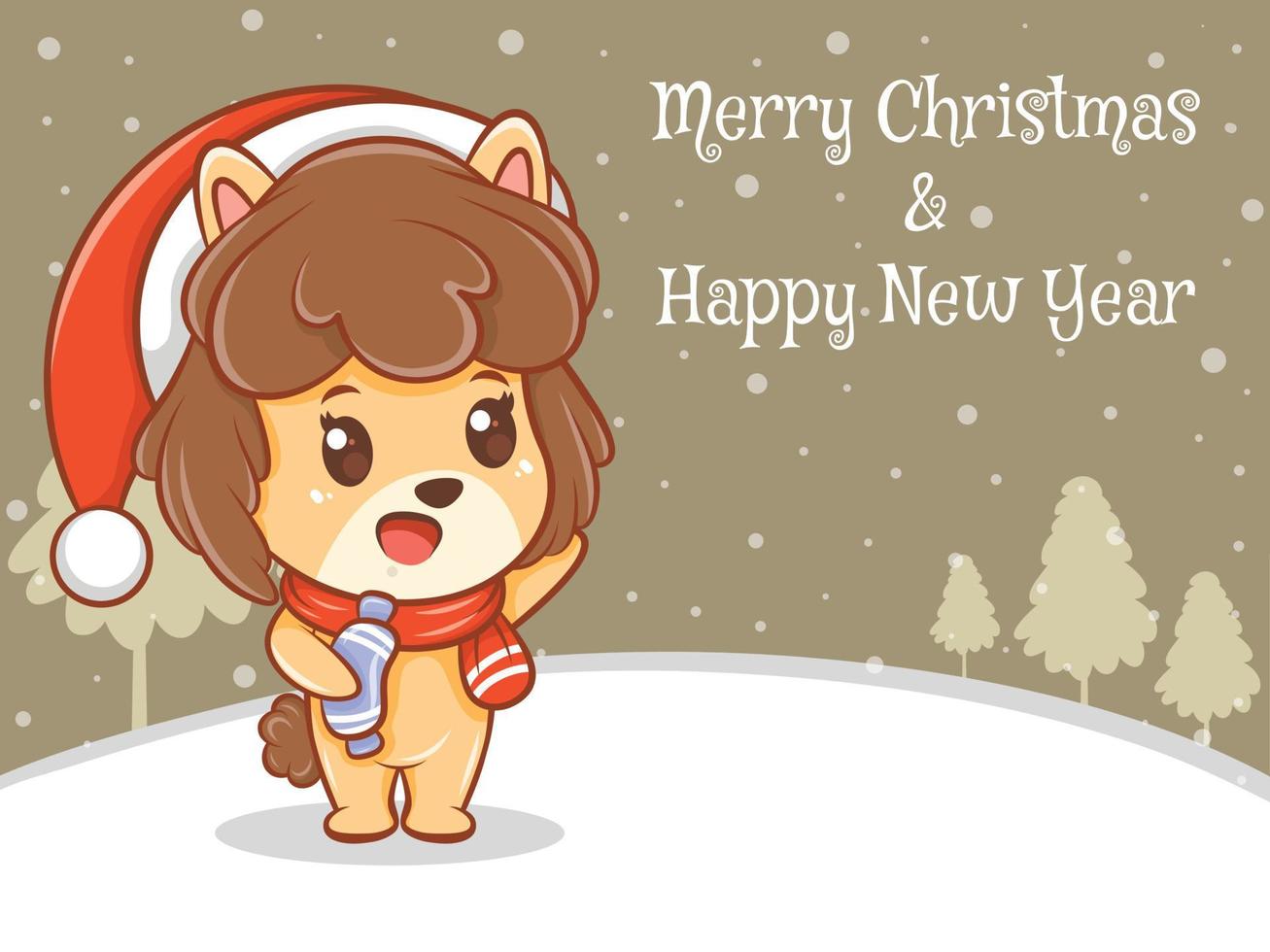 Lindo personaje de dibujos animados de cachorro con feliz navidad y feliz año nuevo saludo banner. vector