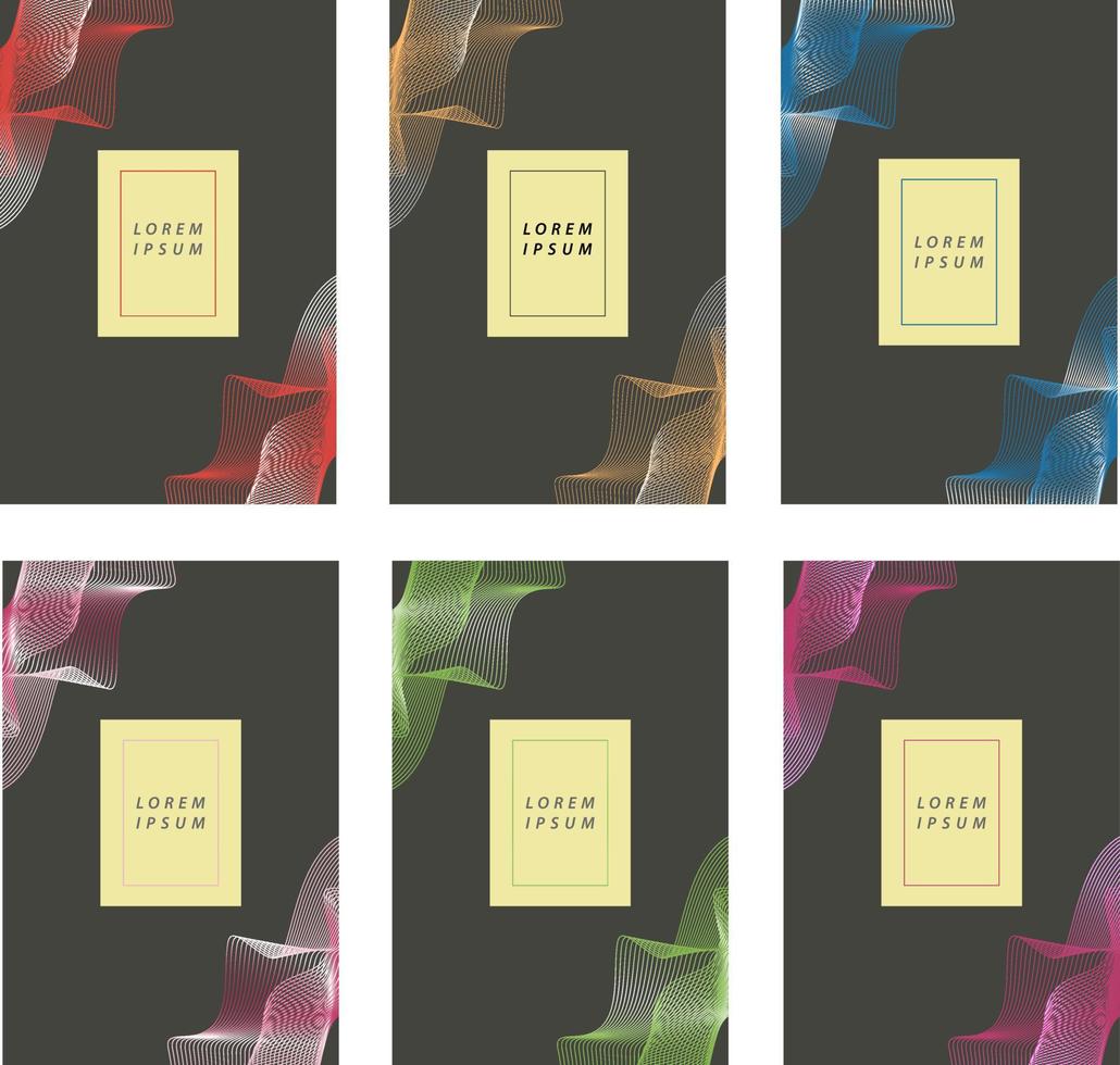 Set of abstraction covers with colorful wavy lines on black background vector