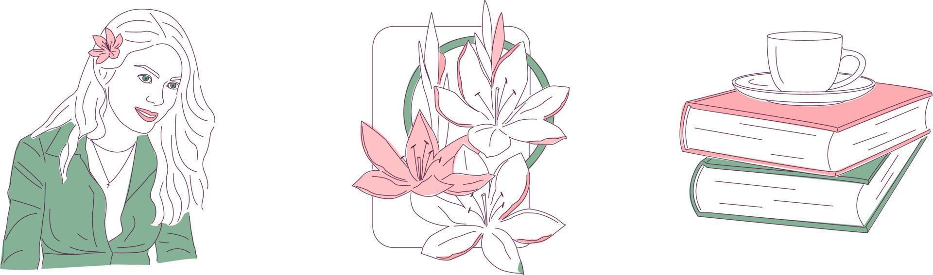 Elegant color line icons - smiling woman face and cup of tea or coffee, beautiful lilies vector