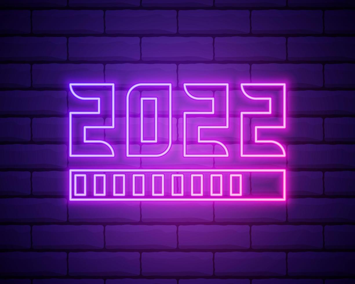 2022 neon signboard. Happy New Year. Realistic pink neon numbers on dark brick wall. Vector 2022 in neon linear style