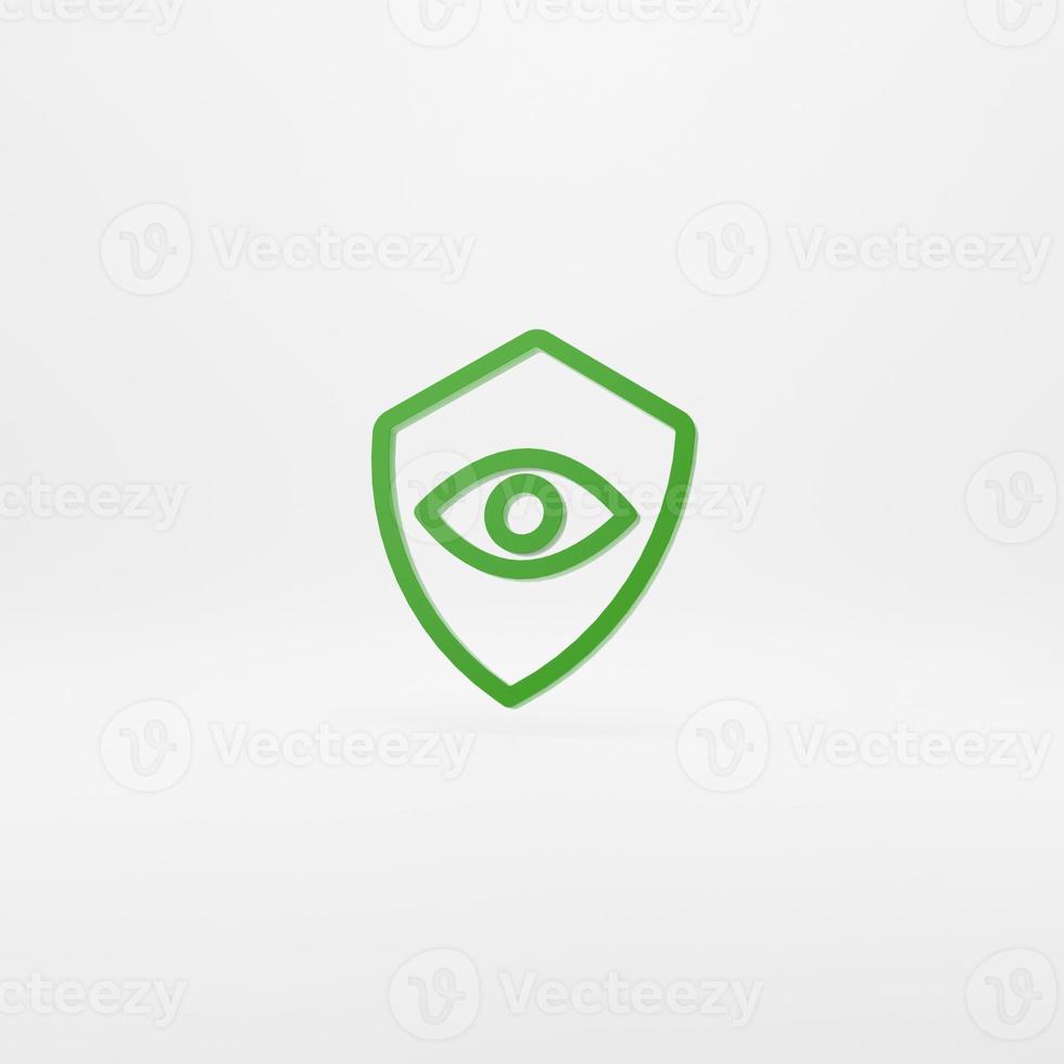 Green Shield and eye icon isolated on green background. Security, safety, protection, privacy concept. Minimalism concept. 3d illustration 3D render photo