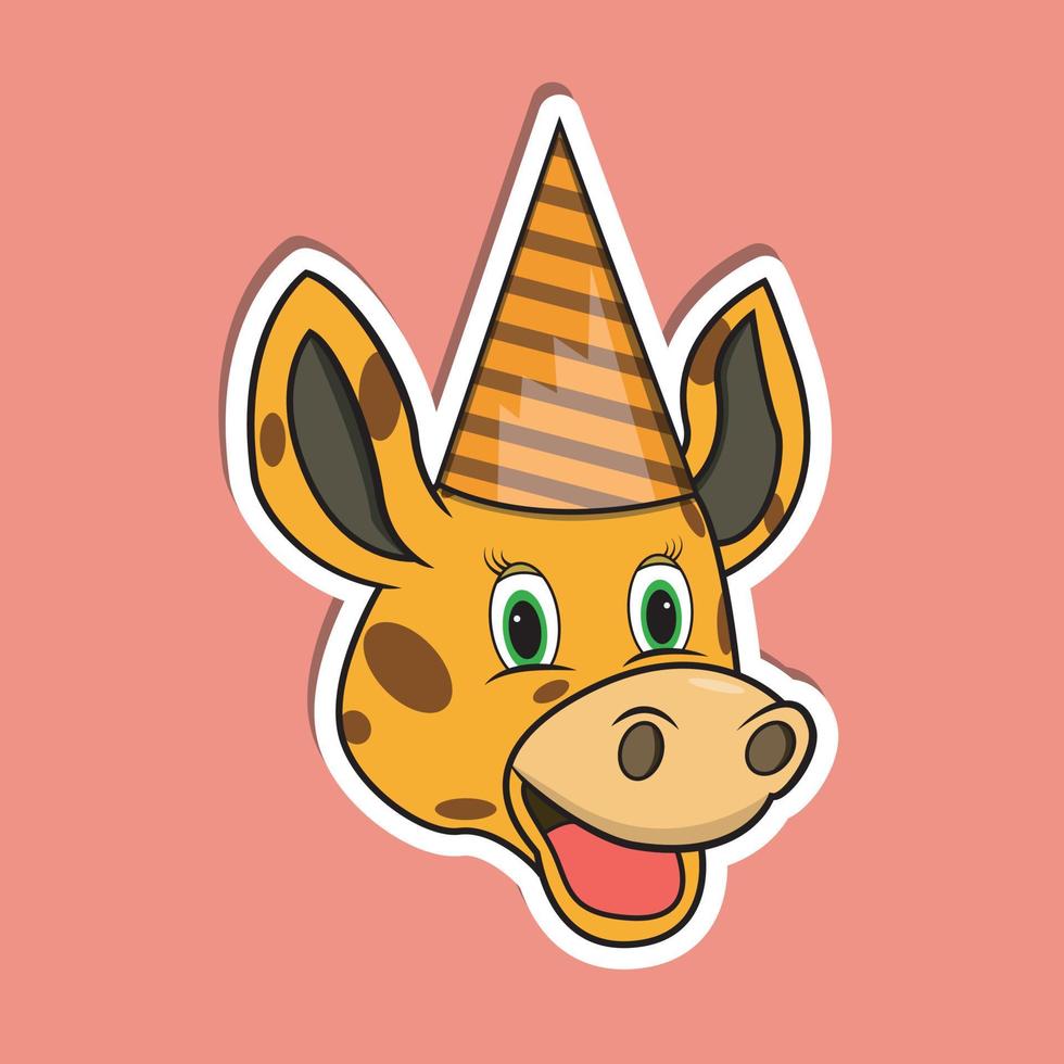 Animal Face Sticker With Giraffe Wearing Party Hat. Character Design. vector