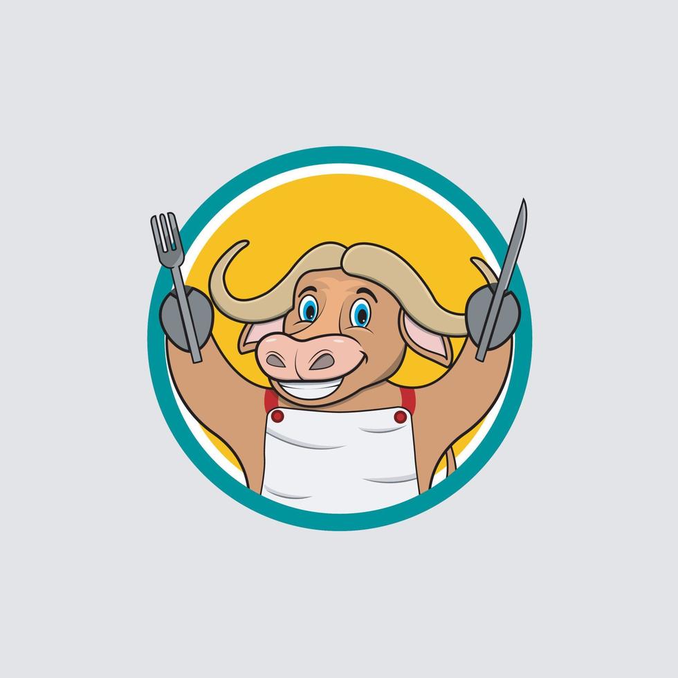 Buffalo Head Circle Label Bring Fork and Knife vector