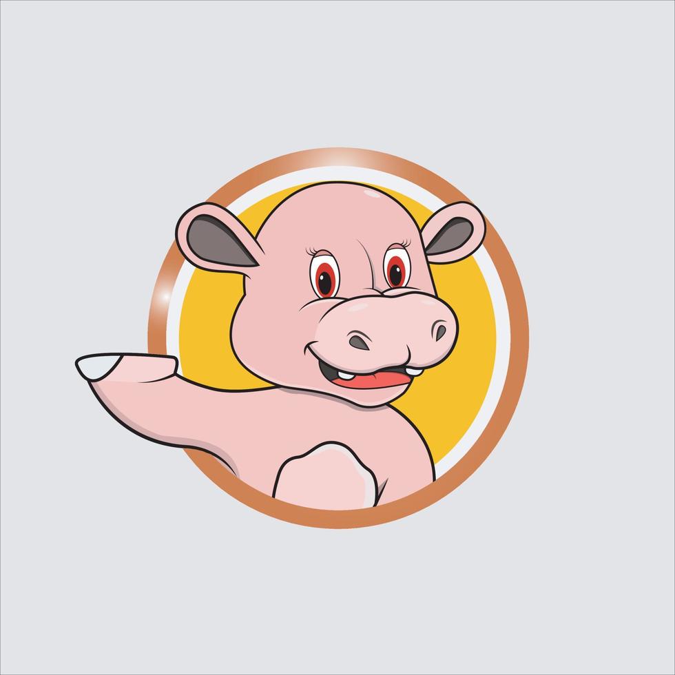 Etiqueta de círculo rosa de cabeza de hipopótamo con expresión de sonrisa divertida vector