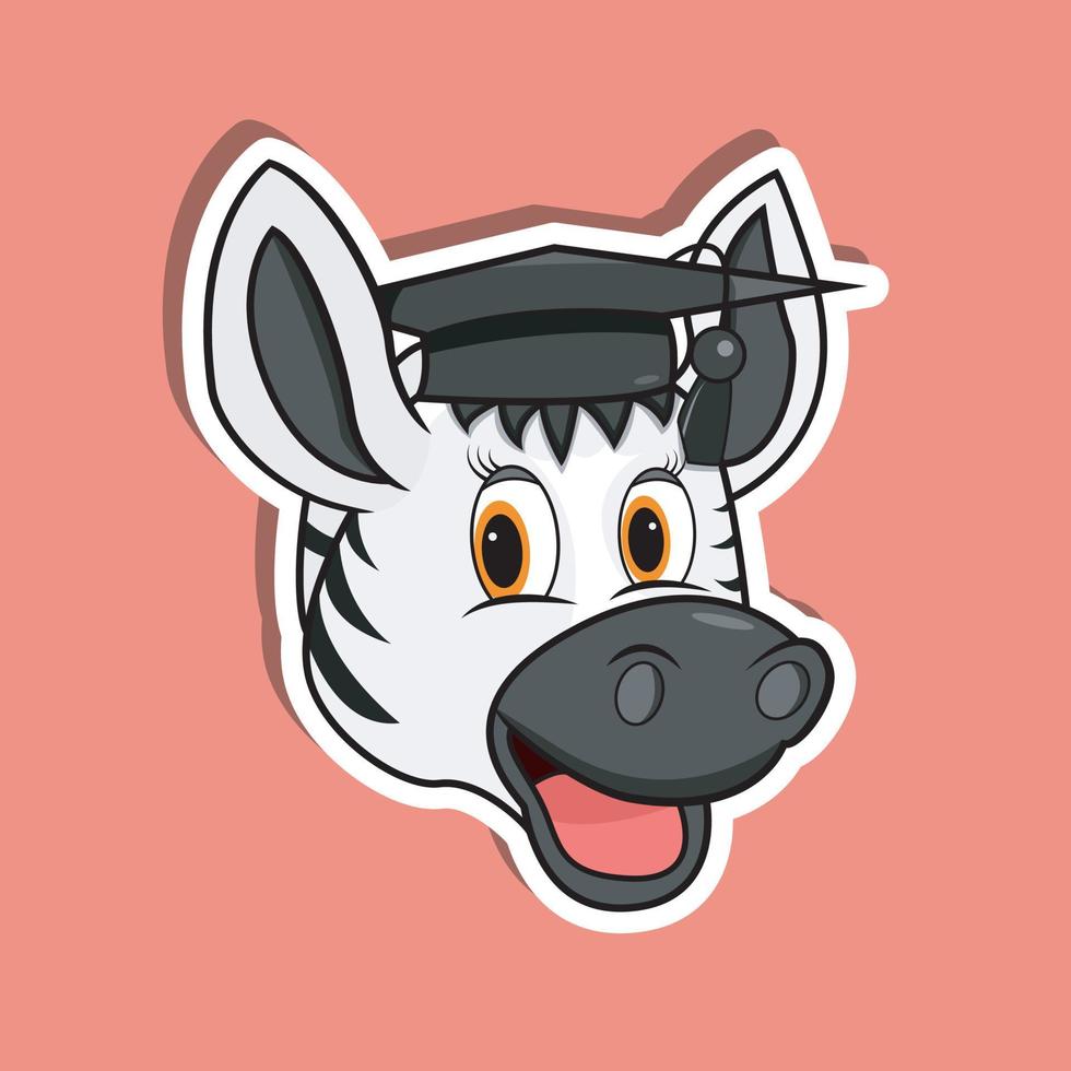 Animal Face Sticker With Zebra Wearing Graduate Hat. Character Design vector