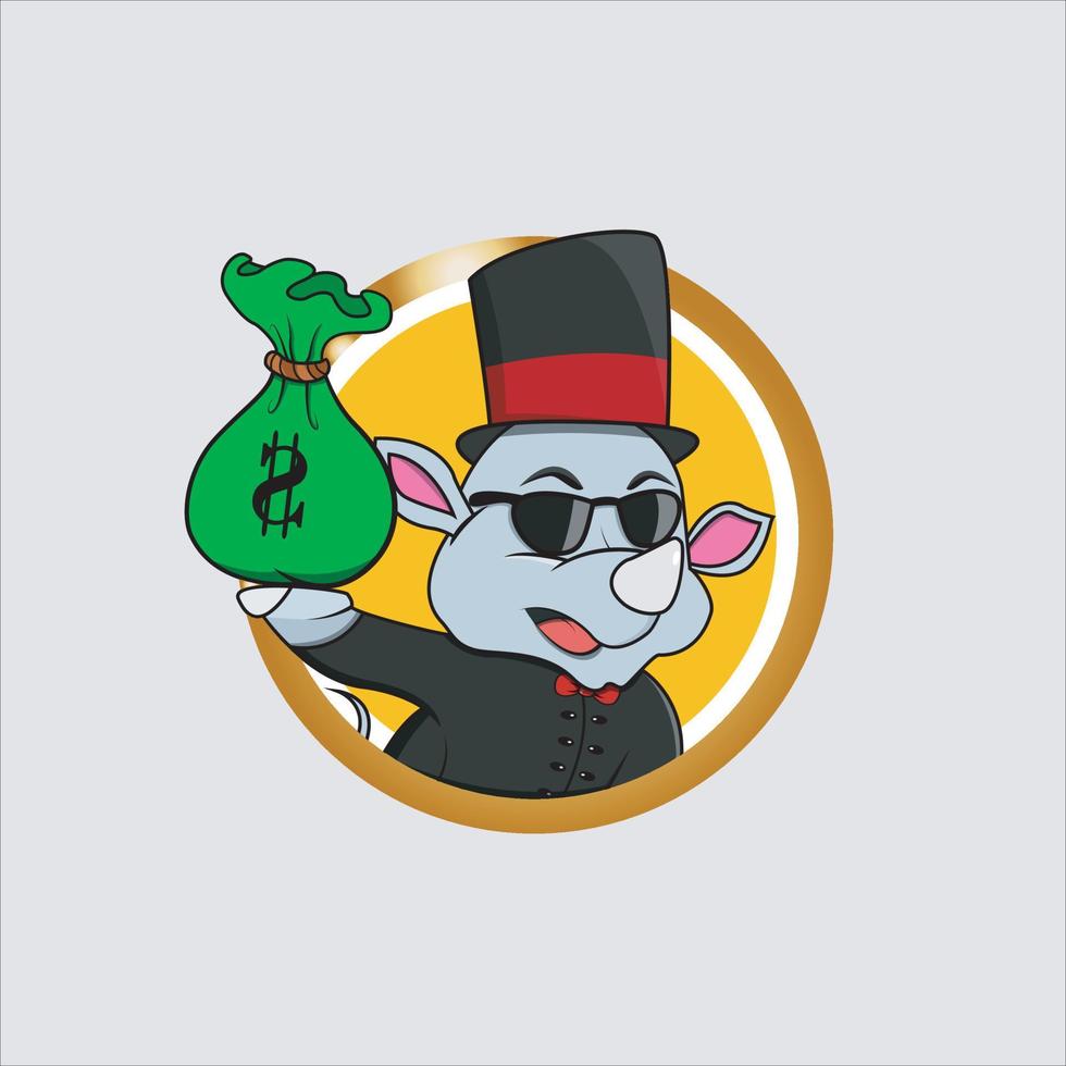 Rich Cartoon Rhinoceros Head Circle Label With Bring Money vector