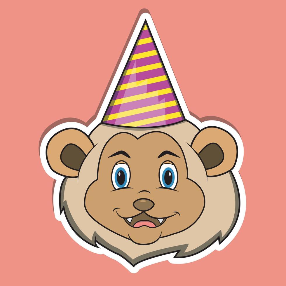 Animal Face Sticker With Lion Wearing Party Hat. Character Design. vector