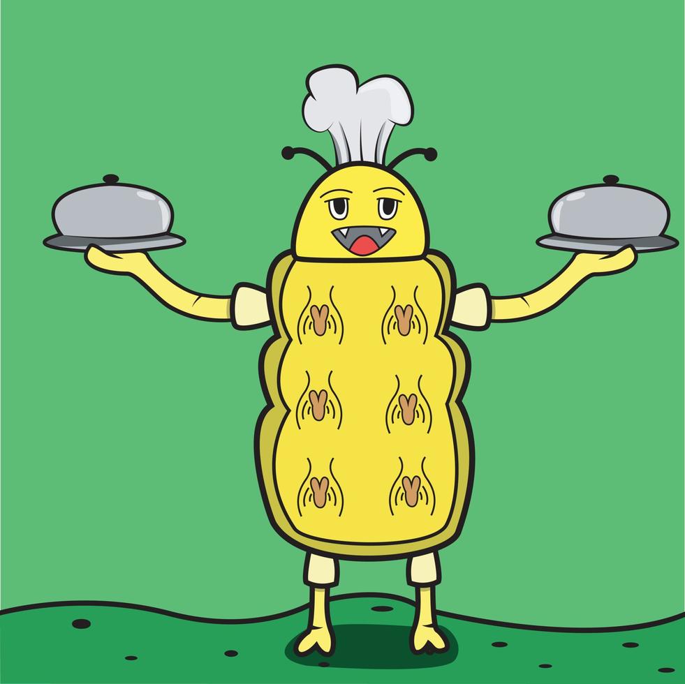 Vector Of Yellow Cheerful Caterpillar with Fast Food, Cooking Theme and Green Background