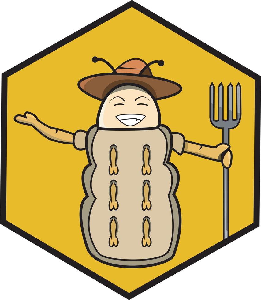 Vector Of Mascot Caterpillar Farmer, hexagon Shape, and Gold Background