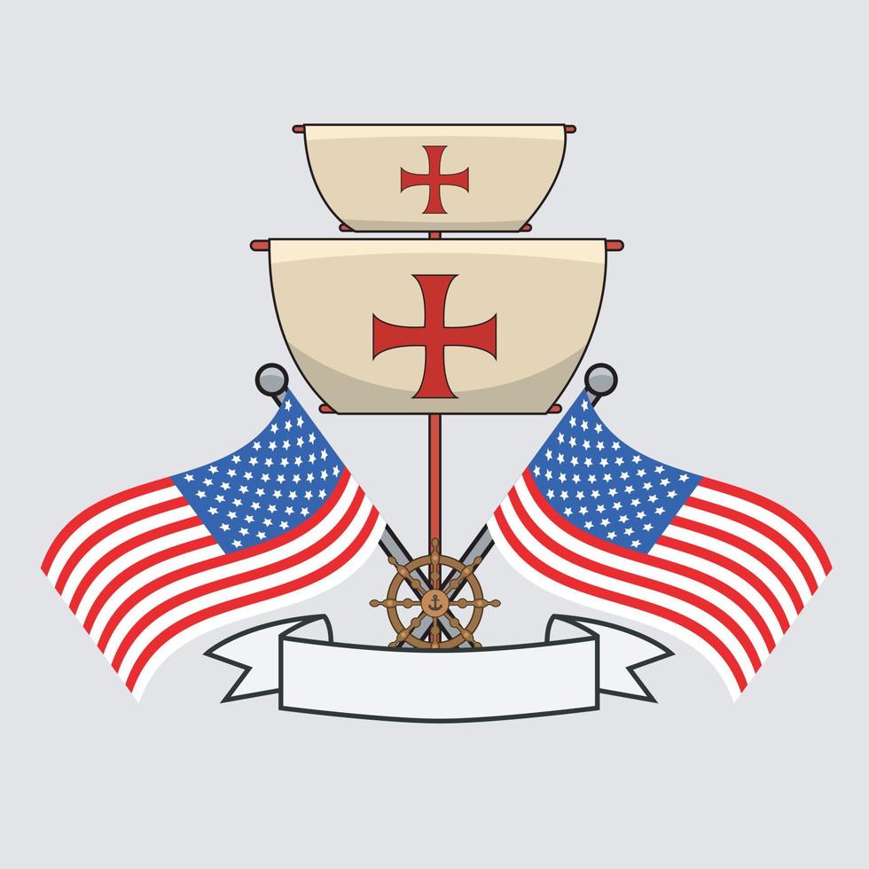 Happy Columbus Day America With  Flags, Wheel Ship and Label vector