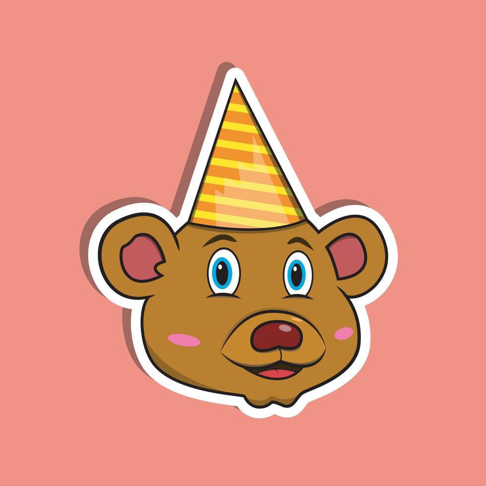 Pegatina de cara de animal con oso con gorro de fiesta. diseño de personaje. vector