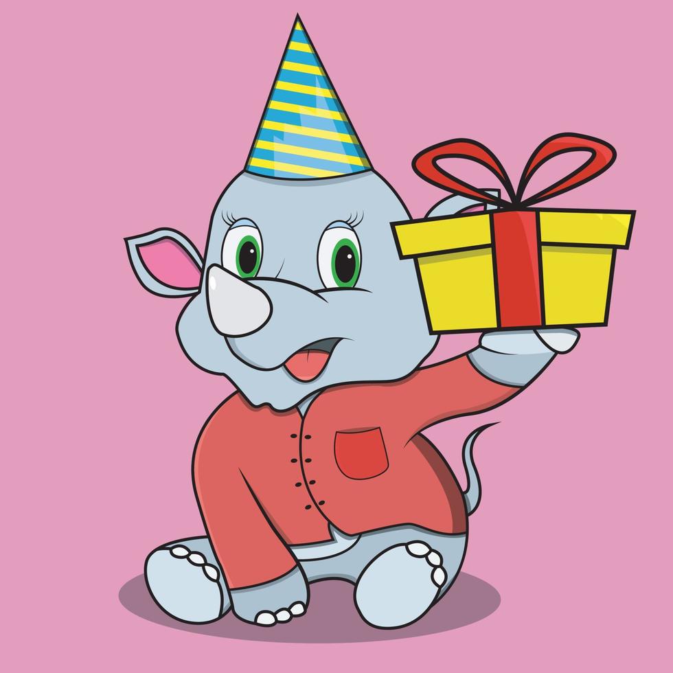 Character Rhinoceros With Gift vector