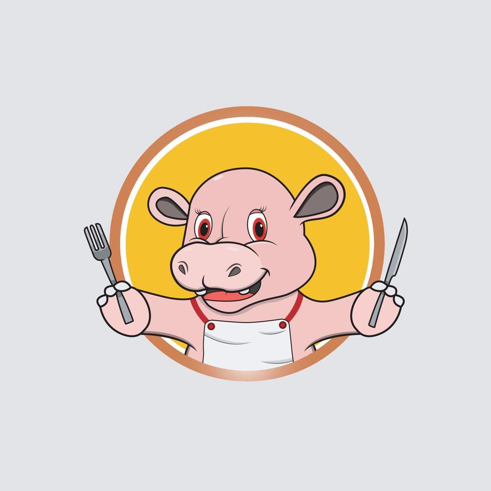 Hippopotamus Head Circle Label With Knife and Fork vector