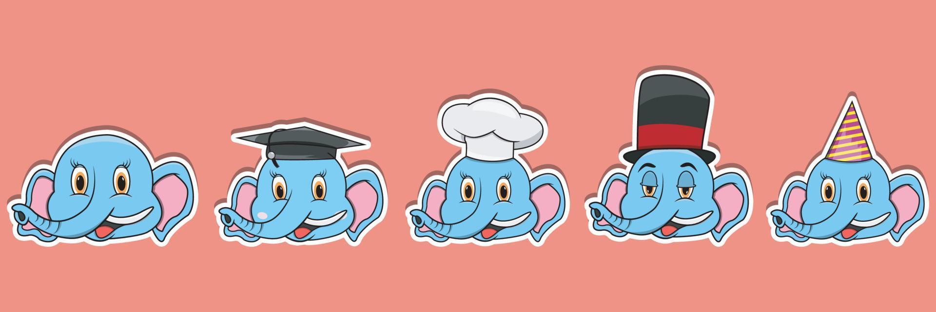 Head Elephant Animal Sticker Set. Graduation, Chef, Magician and Party hat. Perfect for stickers, logo, greeting card and invitation. vector
