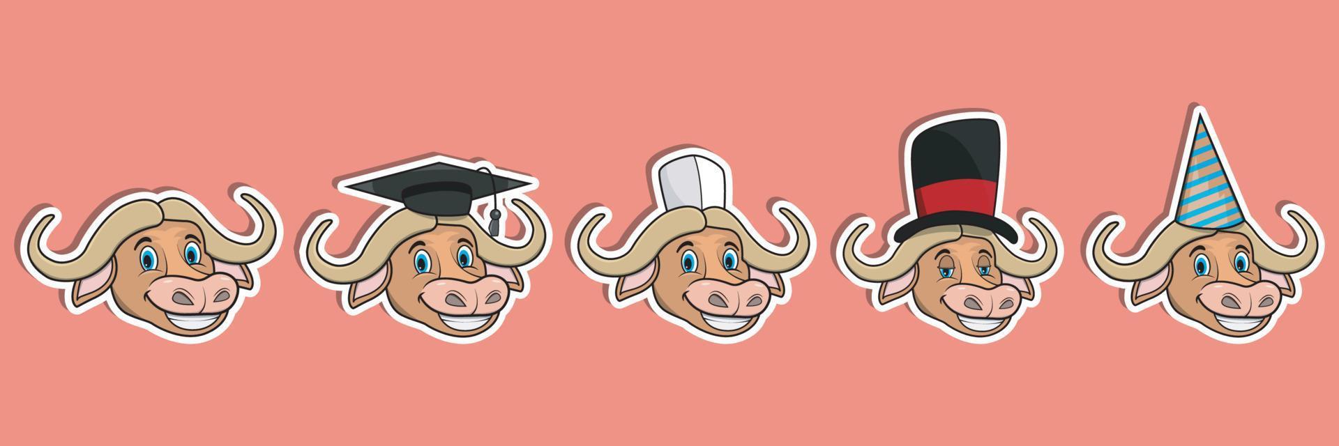 Conjunto de pegatinas de animales de búfalo de cabeza. graduación, chef, mago y gorro de fiesta. perfecto para pegatinas, logotipos, tarjetas de felicitación e invitaciones. vector