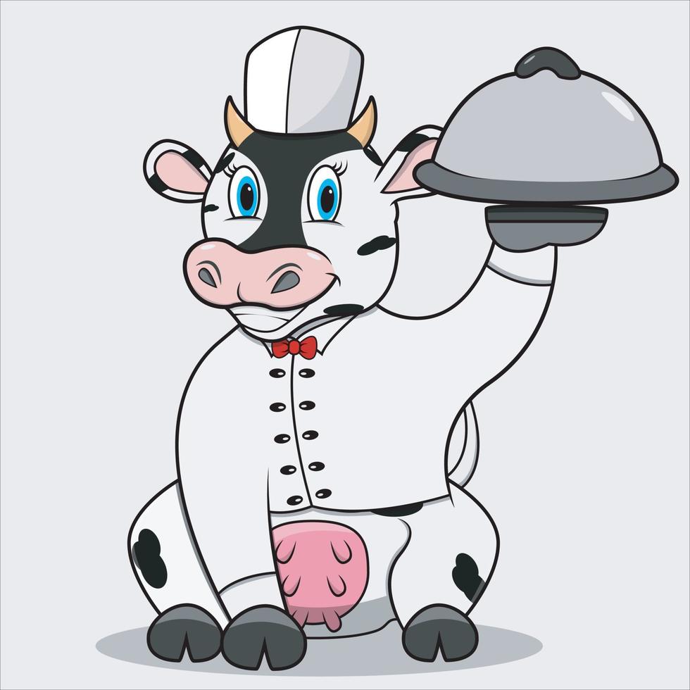 Personaje de vaca con chef personalizado y traer comida. vector