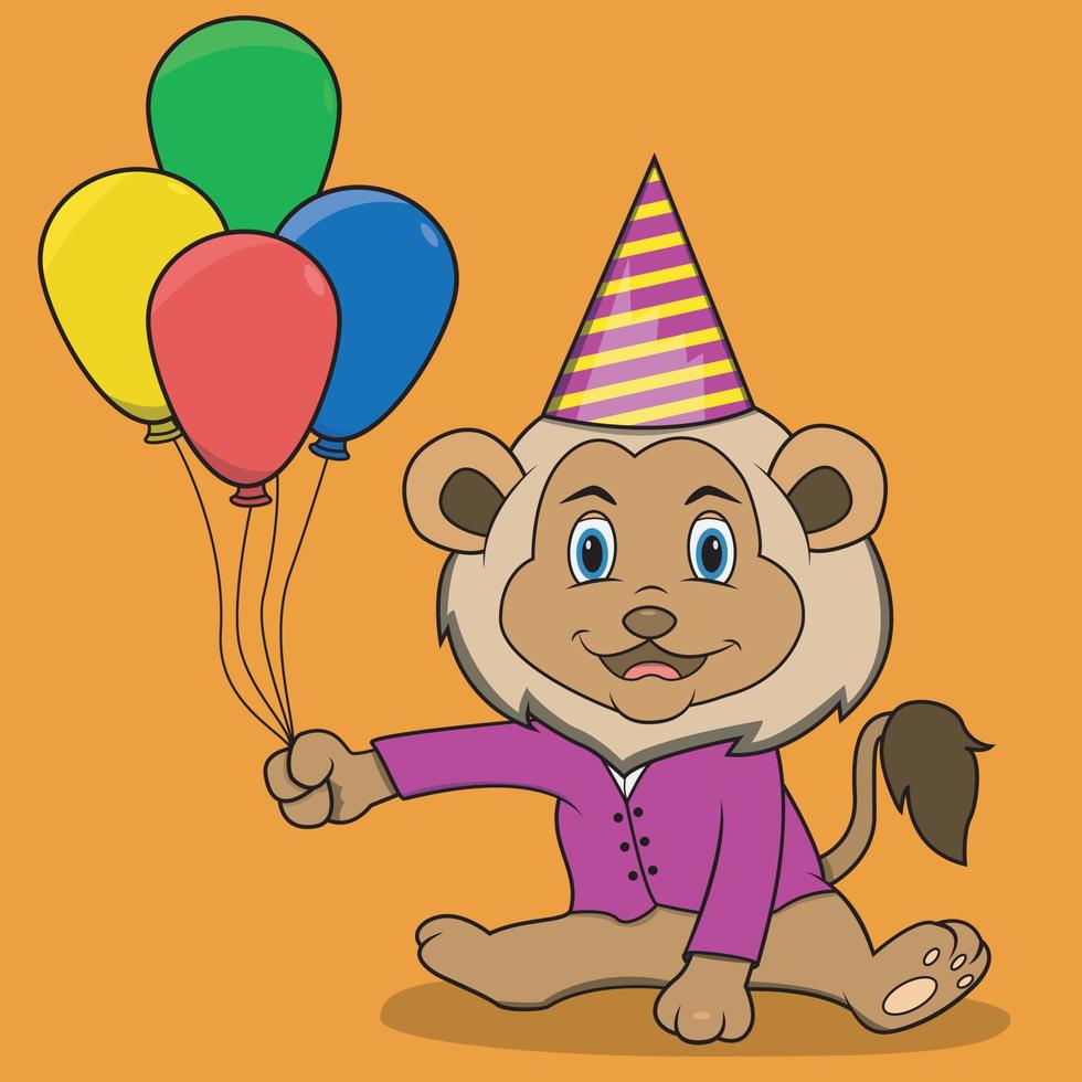 Feliz cumpleaños león con globo, fondo de colores naranja, vector