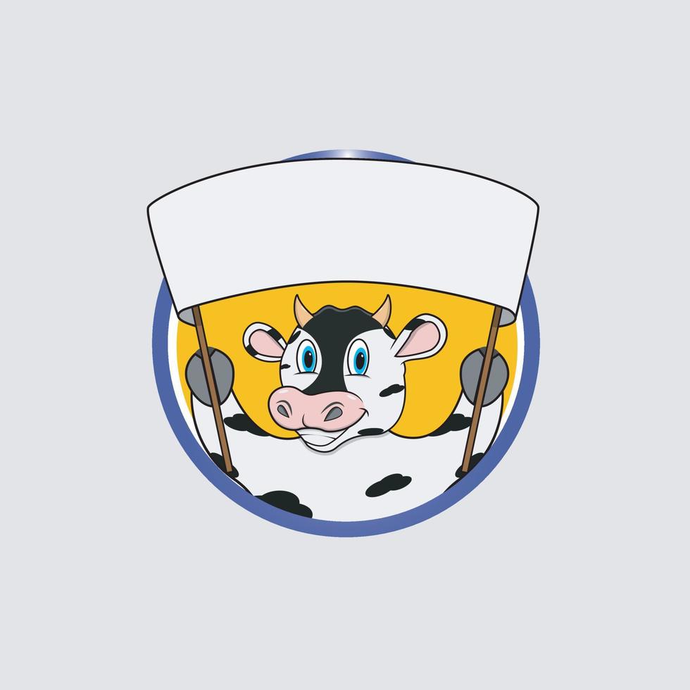 Cow Head Circle Label With Big White Blank Banner vector