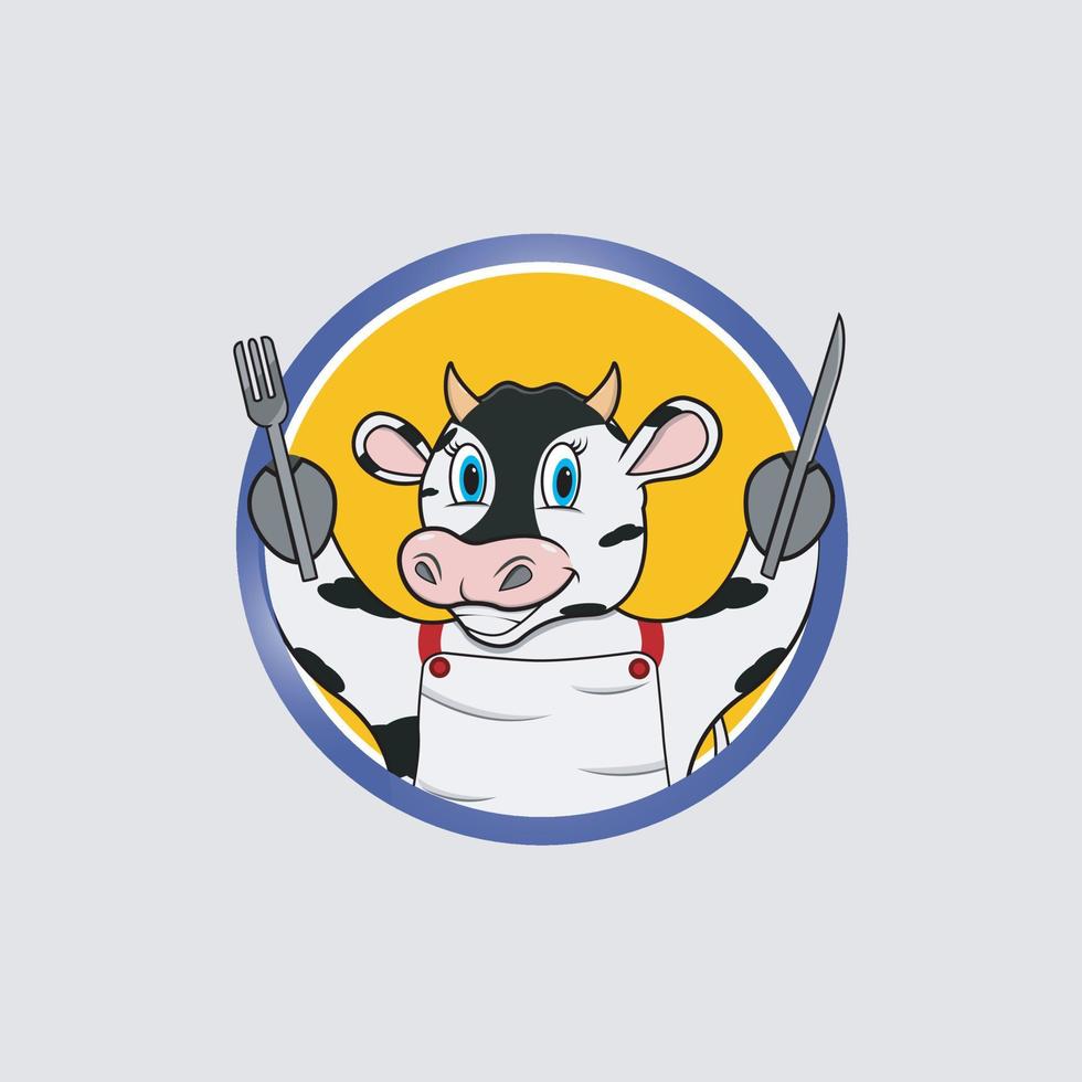 Etiqueta circular de cabeza de vaca con tenedor y cuchillo. vector