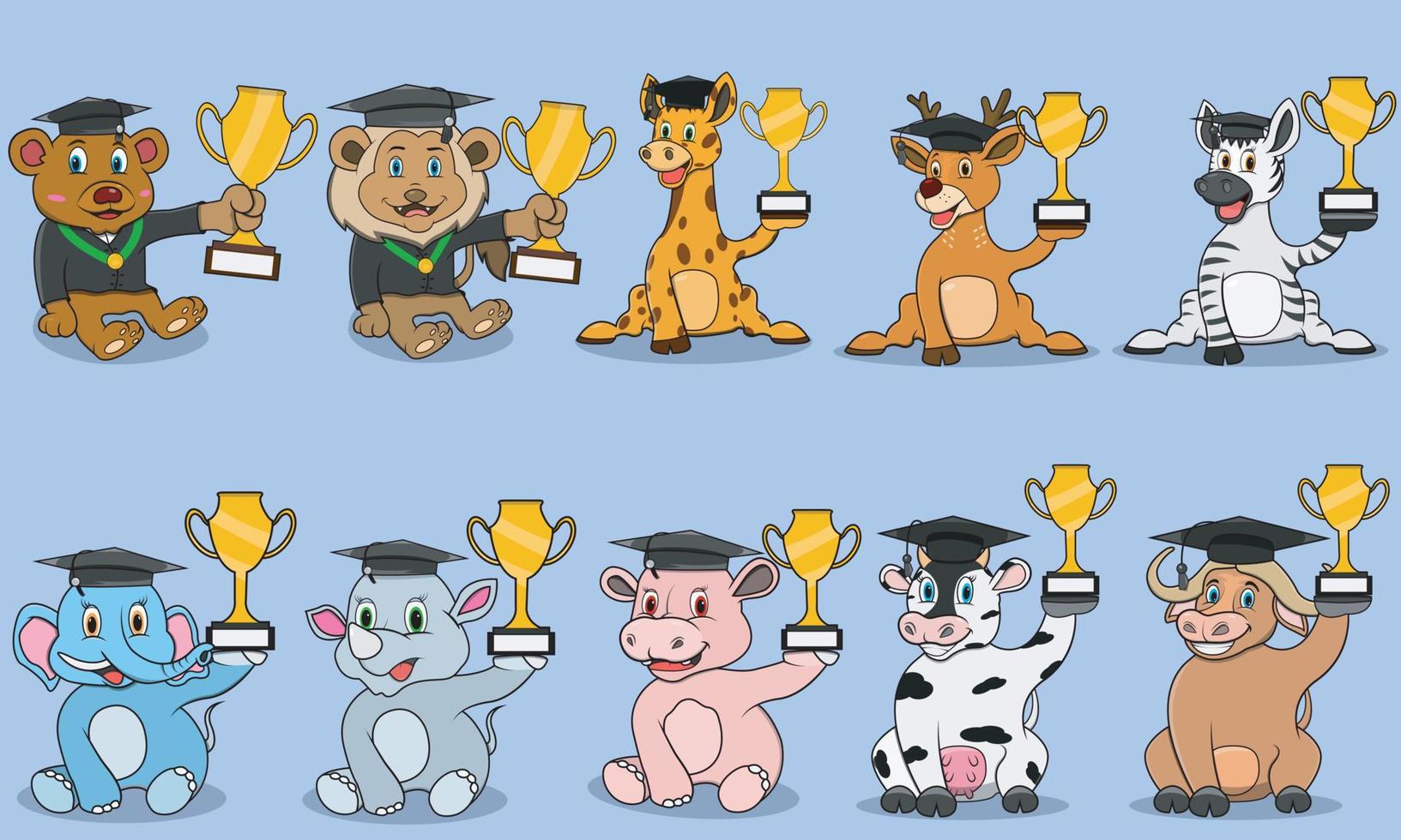 Ten Animals Character With Bring Trophy and Graduate Theme vector