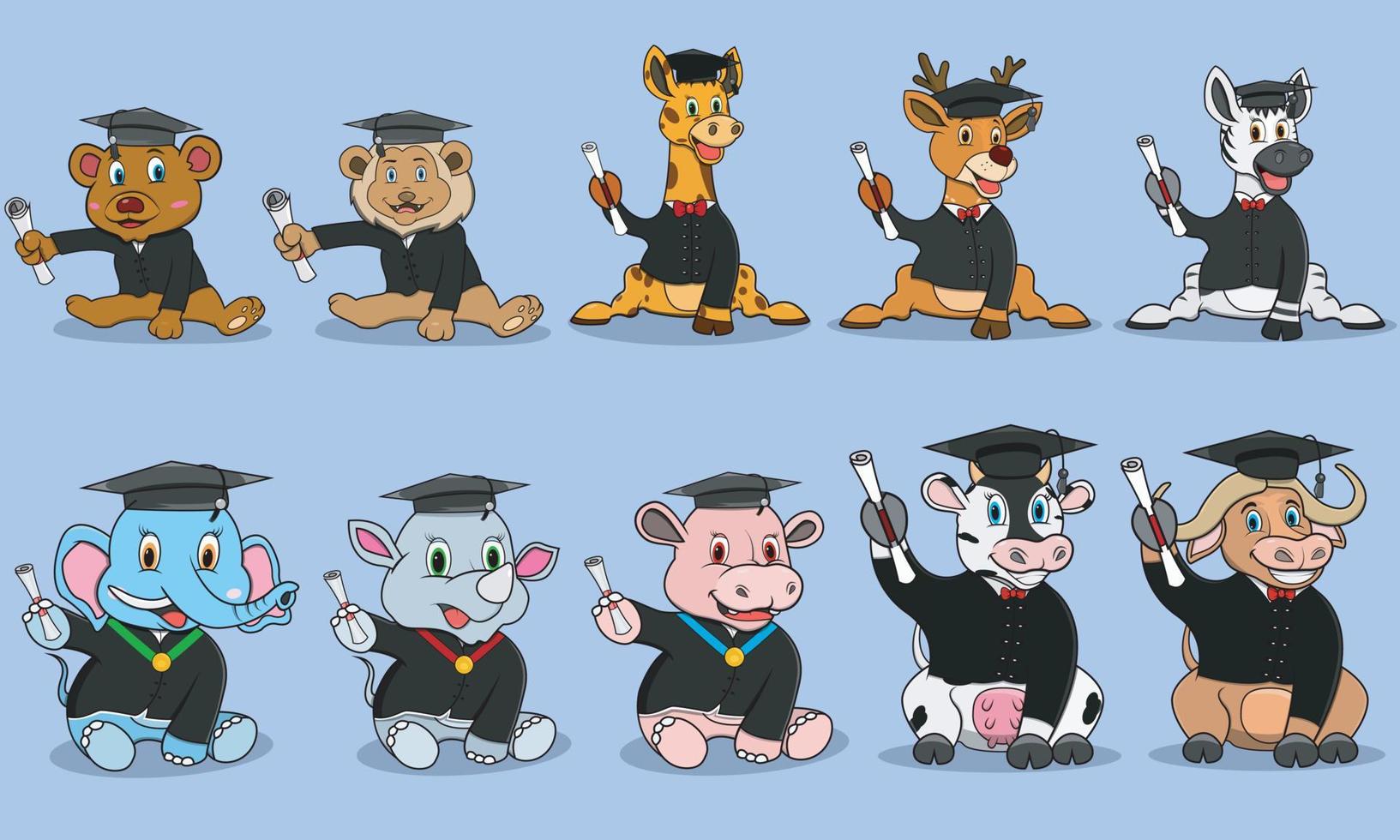 Ten Animals Character With Bring Certificate and Wear Graduate Custom vector