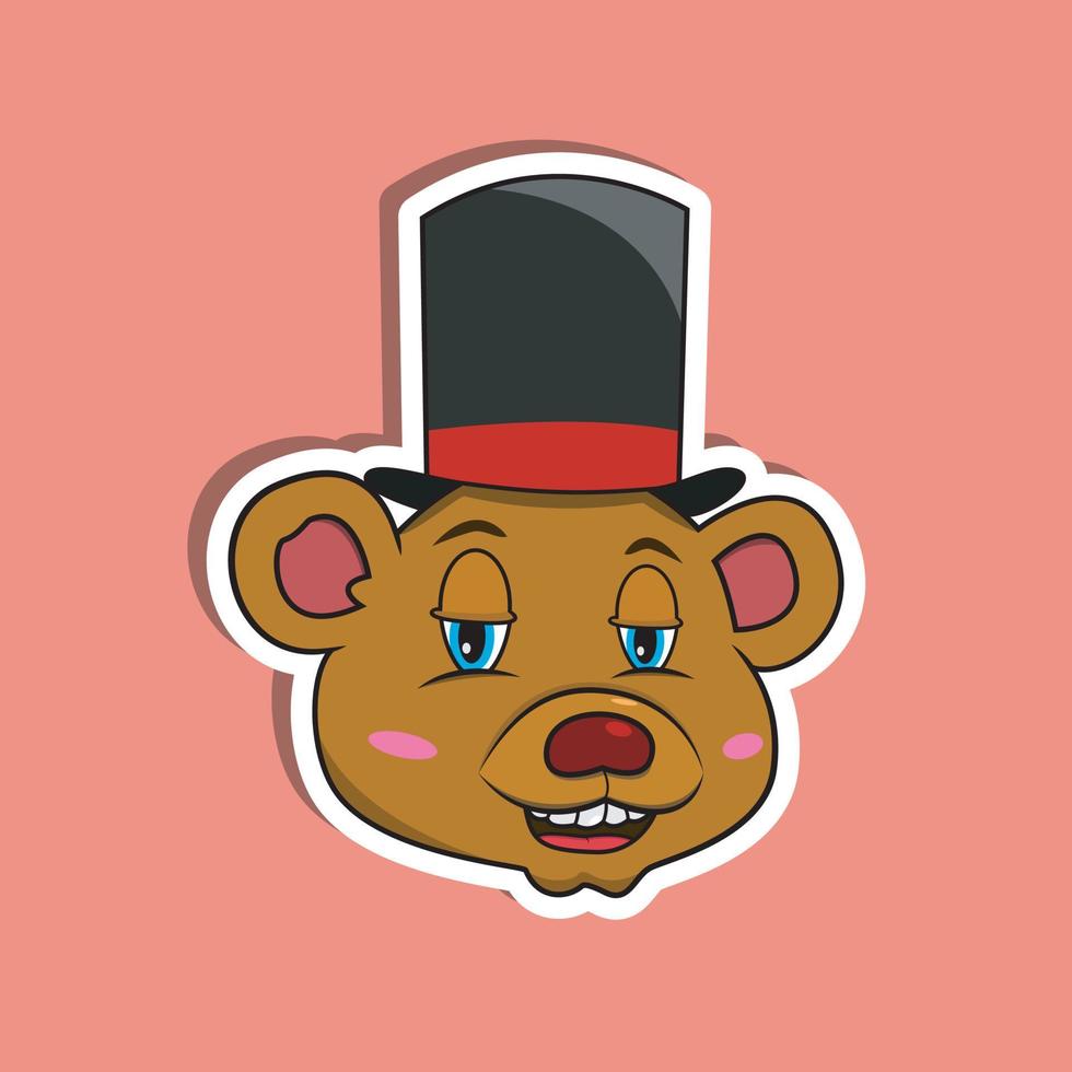 Pegatina de cara de animal con oso con sombrero de circo. diseño de personaje vector