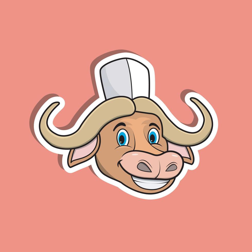 Pegatina de cara de animal con búfalo con gorro de cocinero. diseño de personaje. vector